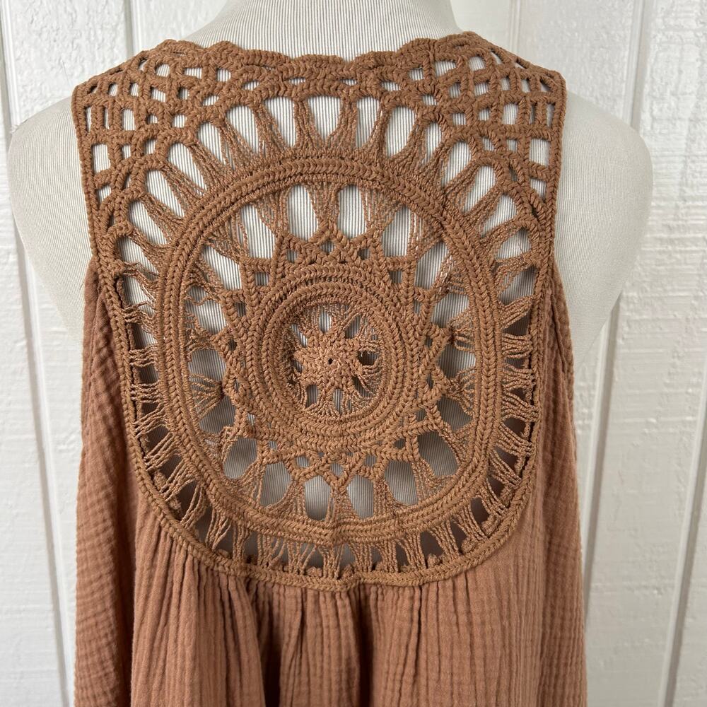 Shein Boho Gauze Mini Dress Crochet Back Brown Size L - Picture 4 of 5